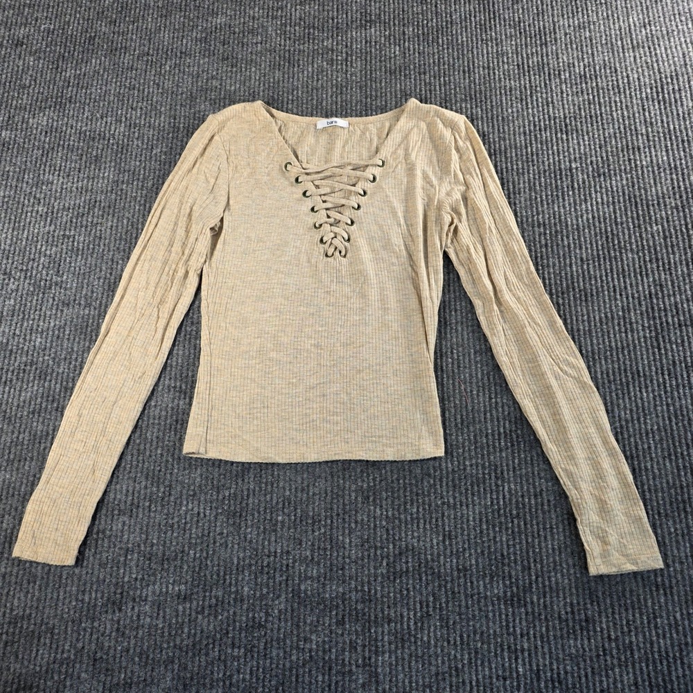 Bar III Tan Ribbed Lace Up V-Neck Long Sleeve Top Grommet Detail Heathered Small